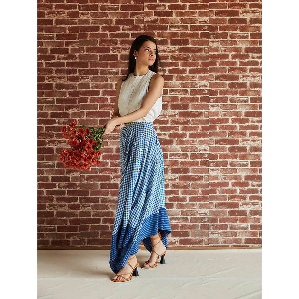 Pinnacle By Shruti Sancheti Blue Check Asymmetrical Front Open Skirt