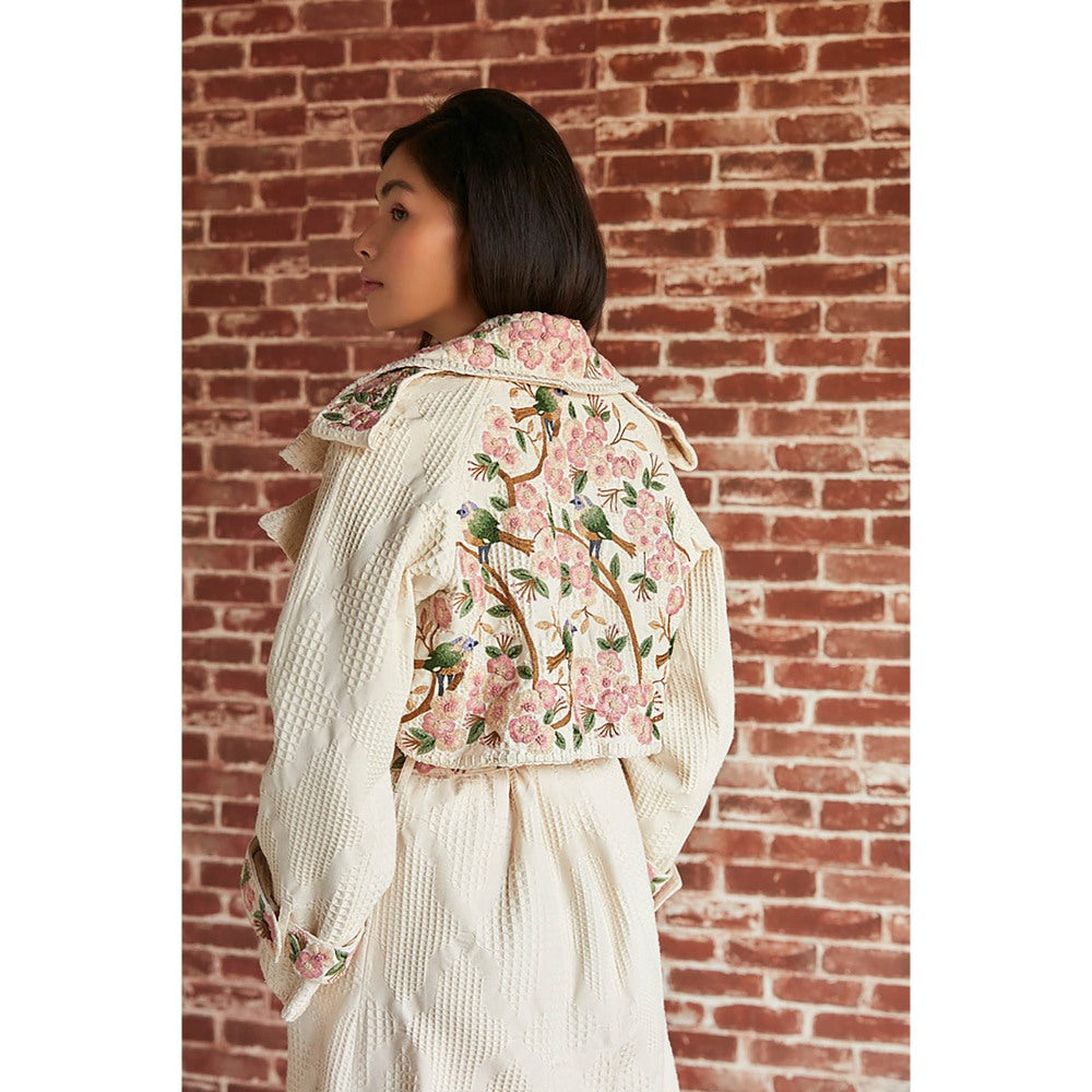 Pinnacle By Shruti Sancheti Ivory Floral And Bird Embroidered Trench Coat (Set of 2)