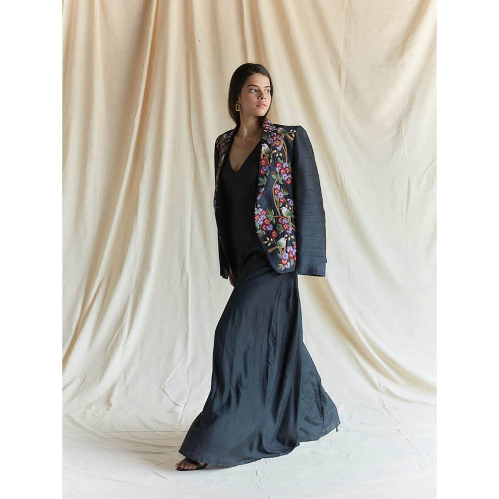 Pinnacle By Shruti Sancheti Black Raw Silk Bird Embroidered Blazer