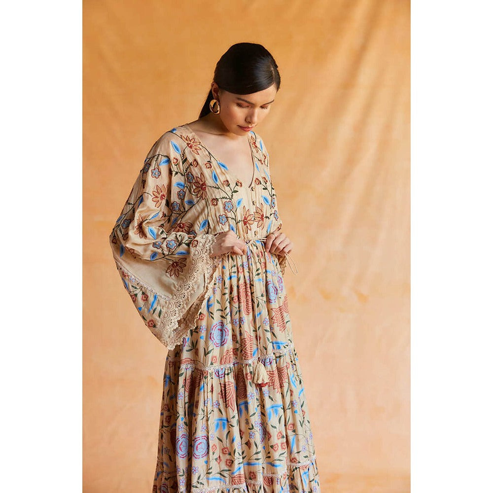 Pinnacle By Shruti Sancheti Beige Mul Printed And Embroidered Kimono Dress