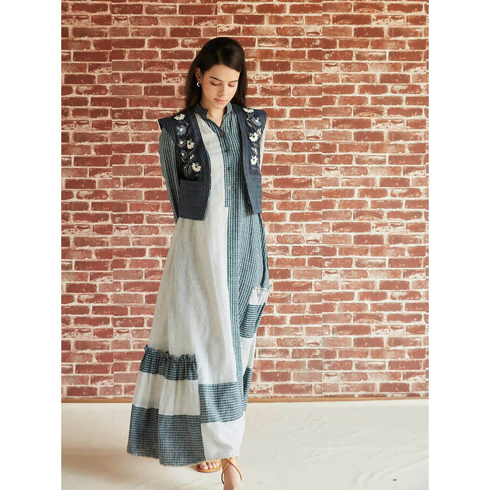 Pinnacle By Shruti Sancheti Dark Green Check Cotton Color Blocked Maxi Dress