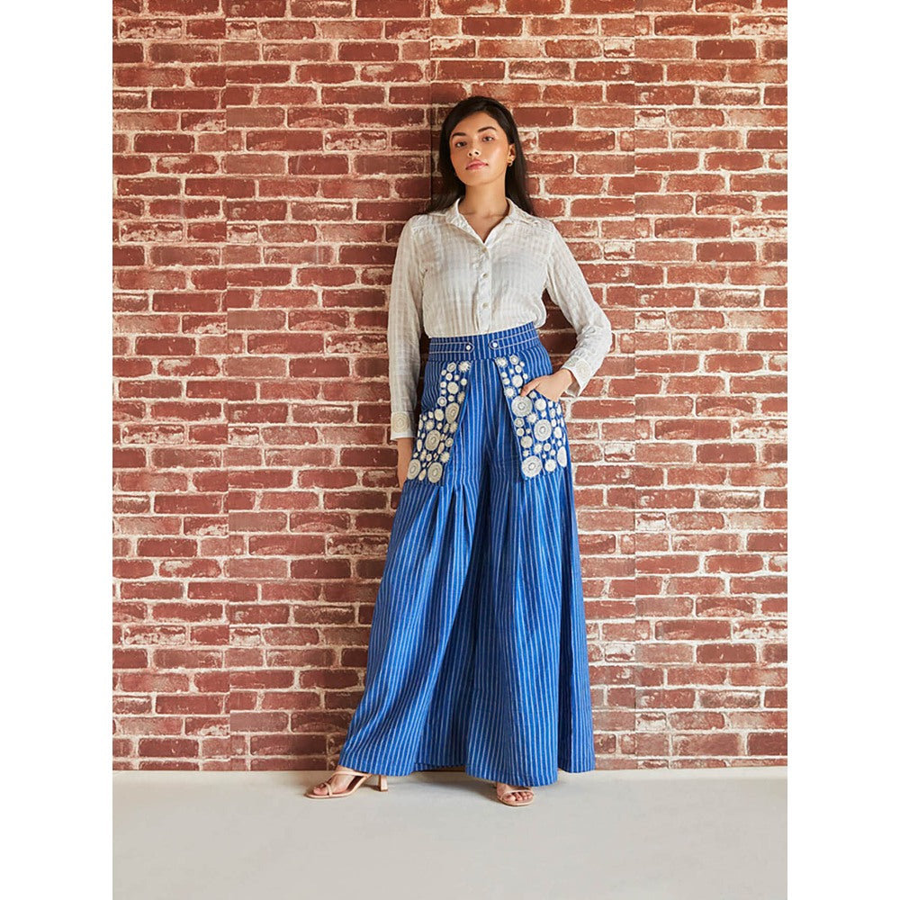 Pinnacle By Shruti Sancheti Blue Cotton Stripe Pleated And Embroidered Palazzo