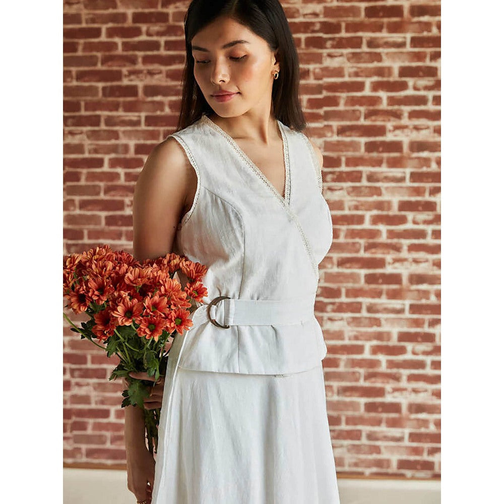 Pinnacle By Shruti Sancheti White Cotton Overlapping Sleeveless Top With Belt (Set of 2)