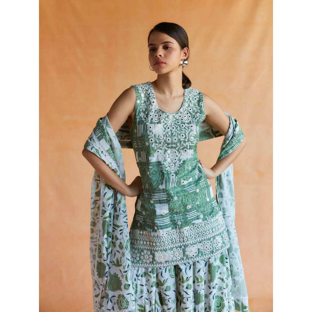 Pinnacle By Shruti Sancheti Green-White Printed Short Kurta Palazzo and Dupatta (Set of 3)