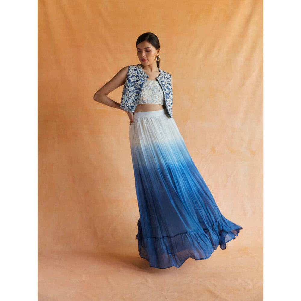 Pinnacle By Shruti Sancheti Blue-White Ombre Skirt with Top & Embroidered Crop Vest (Set of 3)