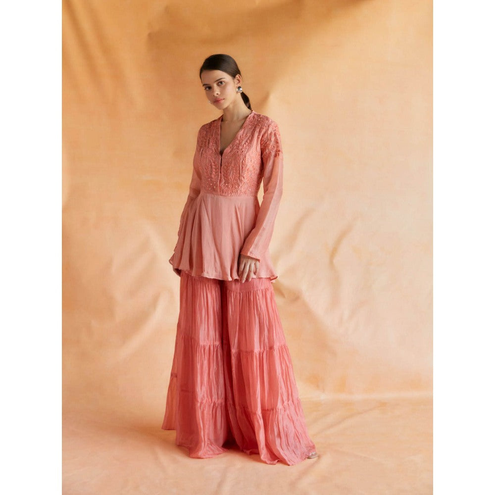 Pinnacle By Shruti Sancheti Coral Embroidered Peplum Top with Sharara Pant (Set of 2)