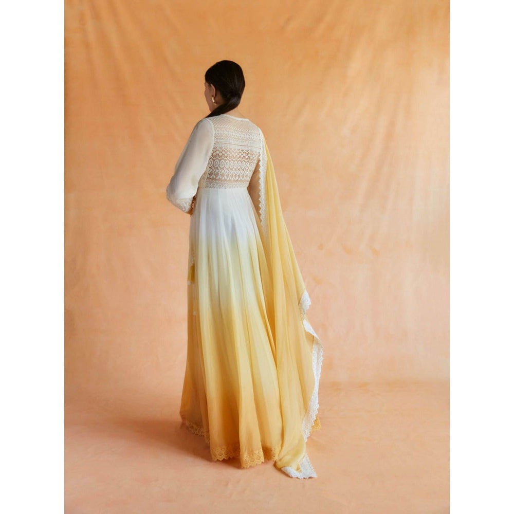 Pinnacle By Shruti Sancheti White and Yellow Ombre Angarakha Maxi with Dupatta (Set of 2)