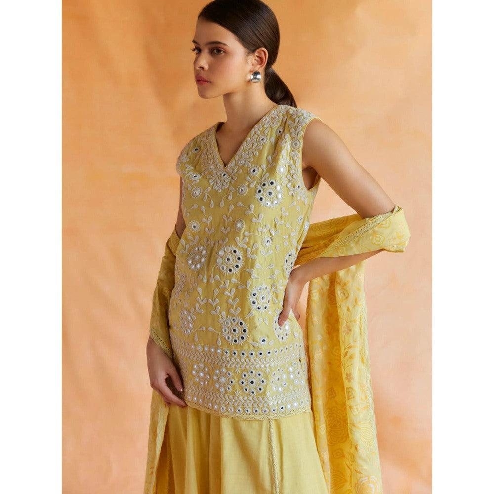 Pinnacle By Shruti Sancheti Yellow Embroidered Short Kurta with Palazzo & Dupatta (Set of 2)