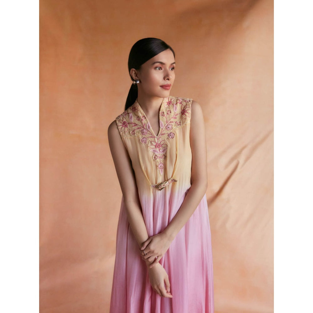Pinnacle By Shruti Sancheti Yellow and Pink Ombre Maxi with Embroidered Neck