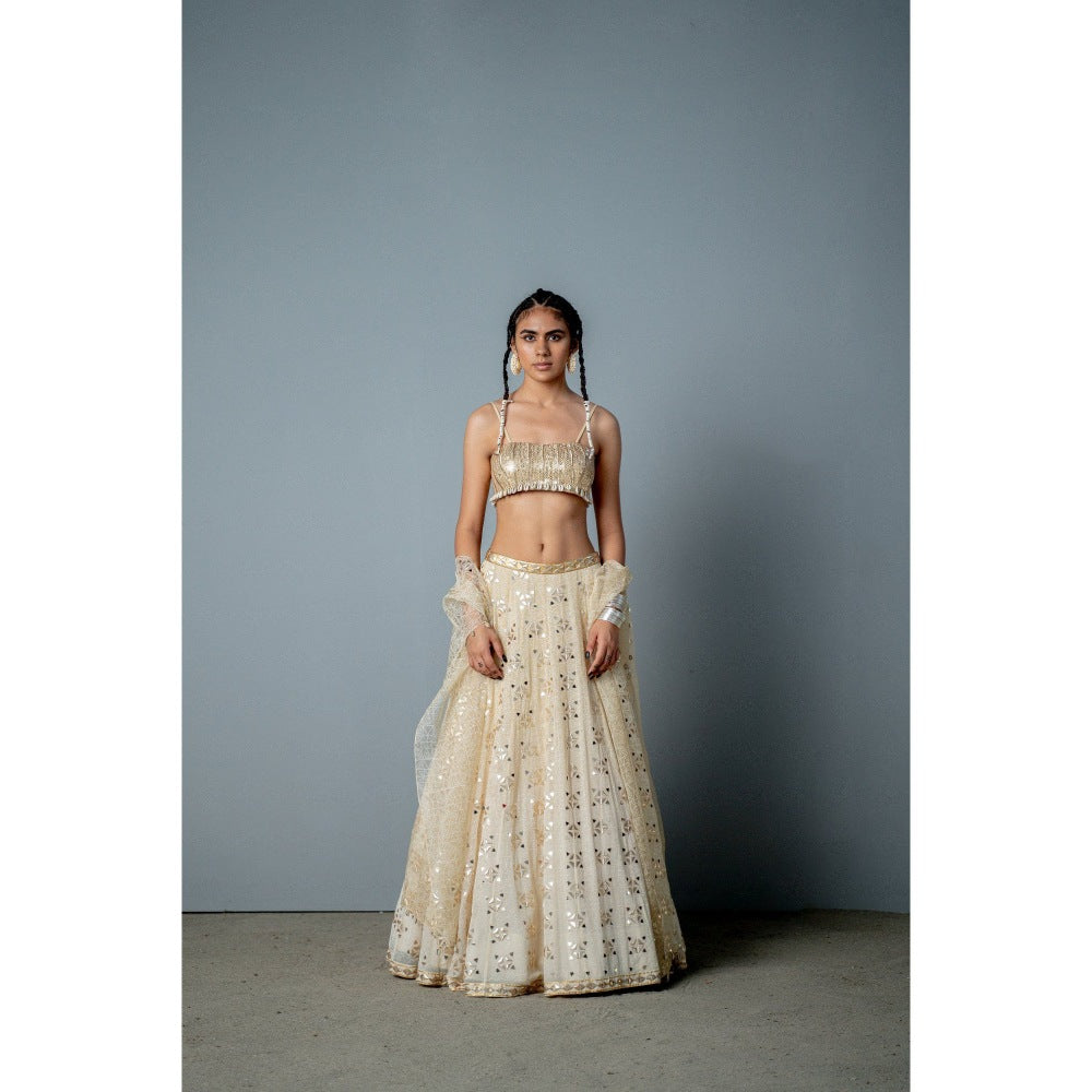 POOJA RAJGARHIA GUPTA Ivory Gold Mosaic Lehenga (Set of 3)