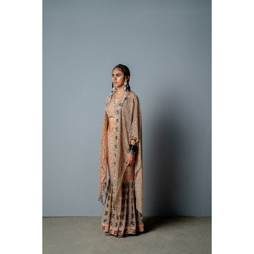 POOJA RAJGARHIA GUPTA Nude Mosaic Sharara with Top and Cape (Set of 3)