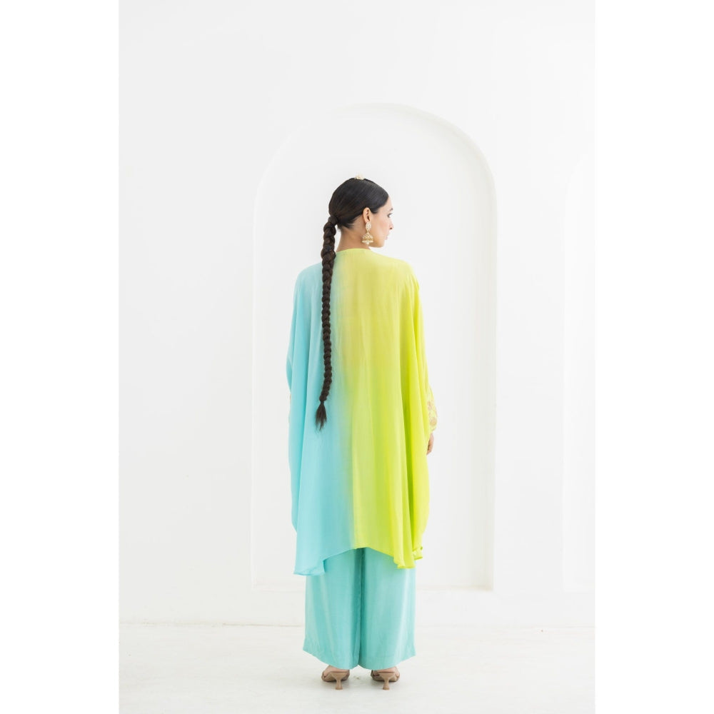 POOJA RAJGARHIA GUPTA Lime to Aqua Mogra Cuffed Kaftan with Pants (Set of 2)