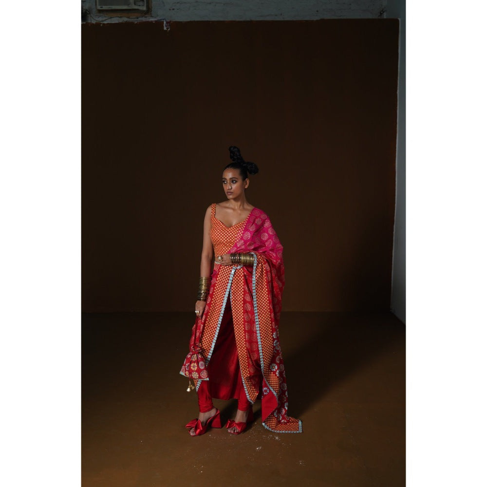 POOJA RAJGARHIA GUPTA Chakra Phool Saree Red and Pink with Stitched Blouse