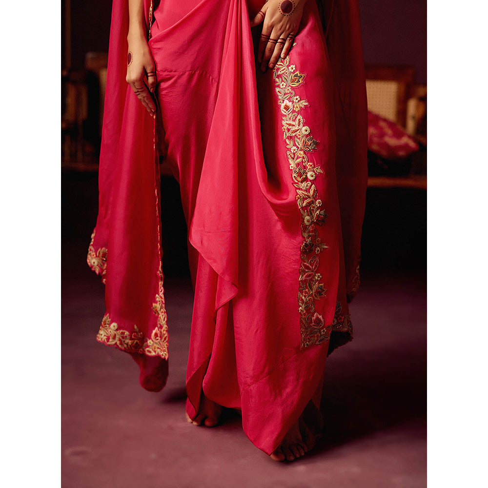 Pooja Singhal Embroidered Bustier With Drape Silk Skirt & Cape With & Back Pleating (Set of 3)