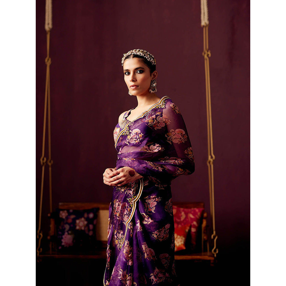 Pooja Singhal Print Organza Saree With Embroidered Stitched