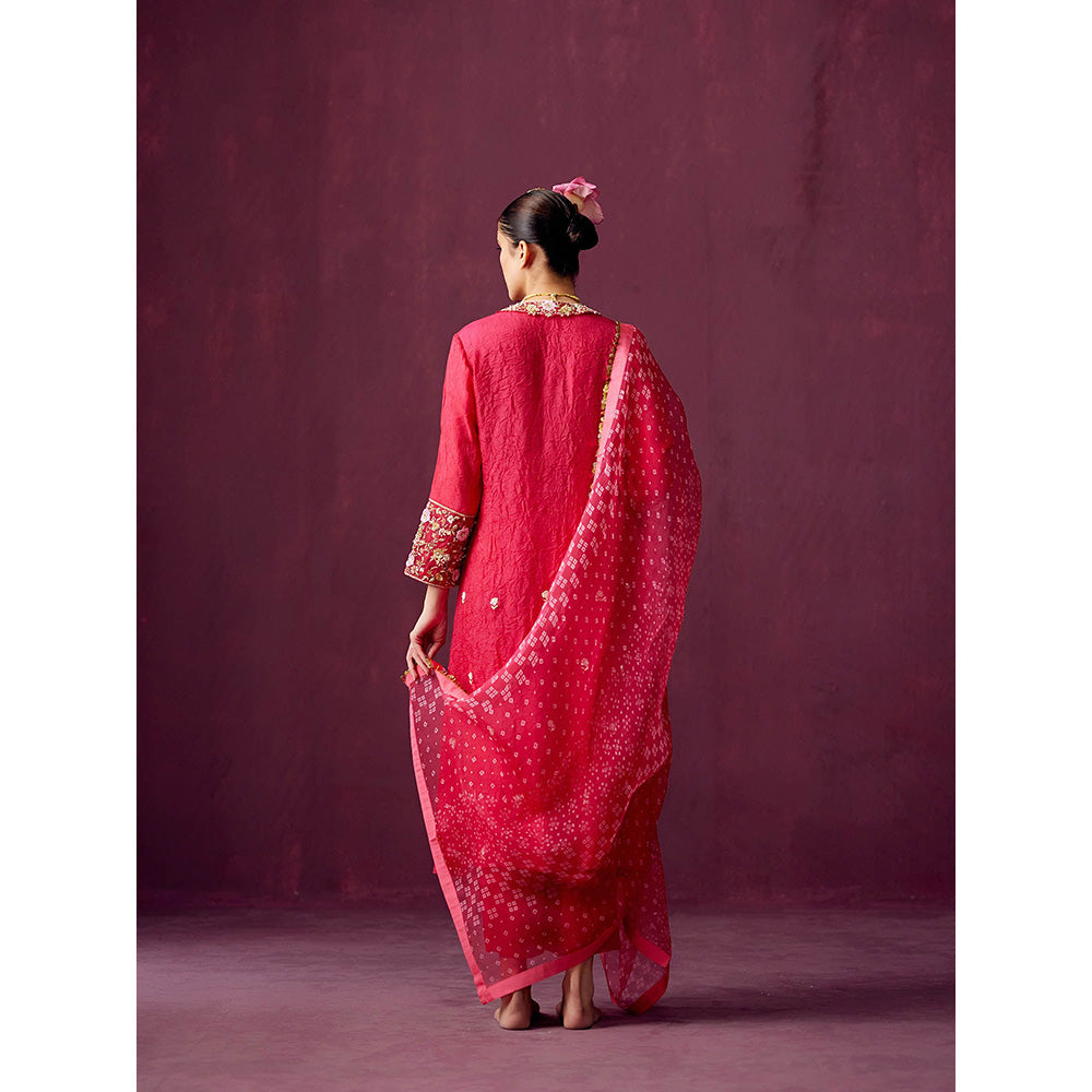 Pooja Singhal Crush Silk Kurta With Palazzos & Bandhej Print Organza Dupatta (Set of 3)