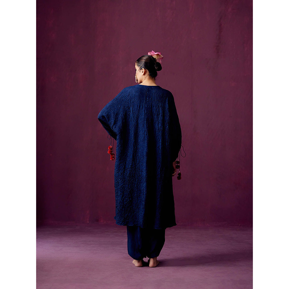 Pooja Singhal Navy Crush Silk Kaftan Kurta with Yoke Embroidery and Drape Pant. (Set of 2)