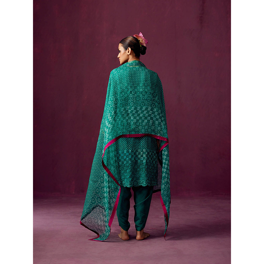 Pooja Singhal Crush Silk Bandhej Print Kurta With Silk Dhoti Pant & Organza Dupatta (Set of 3)