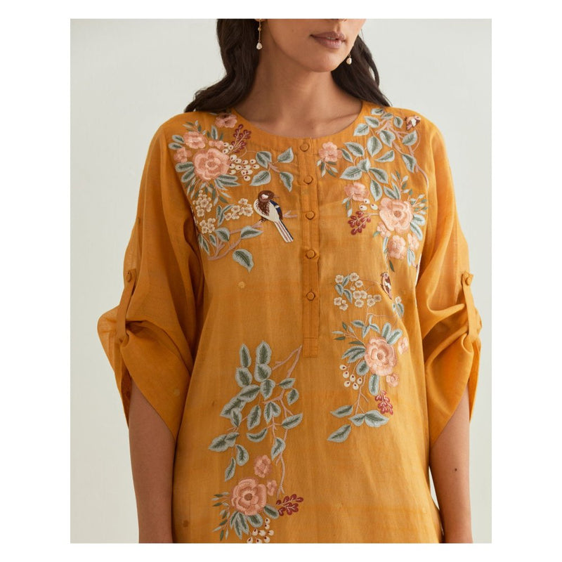 PRAMA By Pratima Pandey Floral Chanderi Mustard Kurta with Inner (Set of 2)