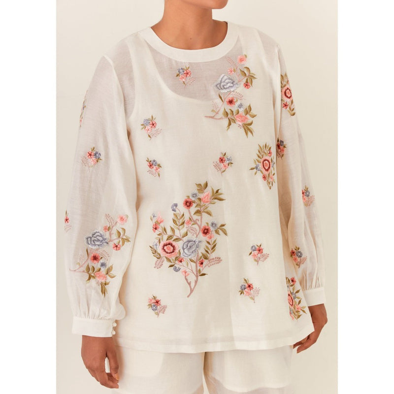 PRAMA By Pratima Pandey Floral Chanderi Ivory Co-Ord (Set of 3)