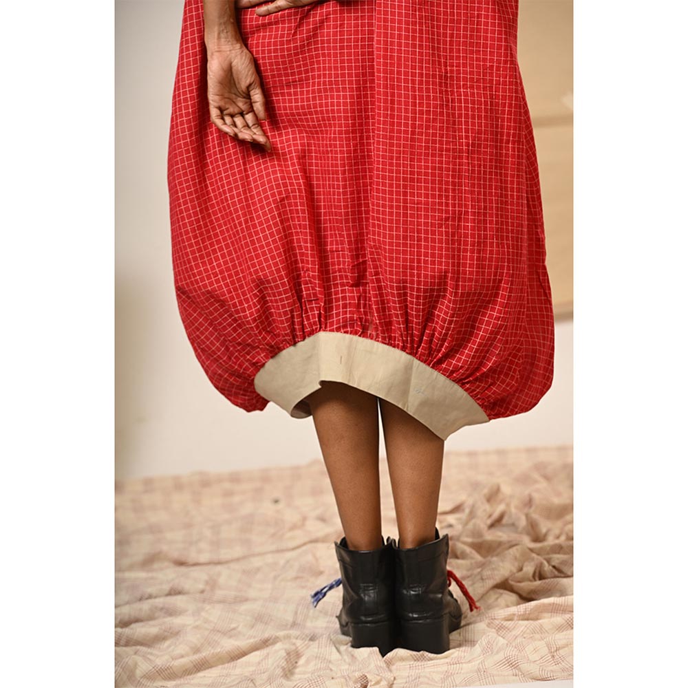 PRATHAA Red Balloon Style Checks Dress