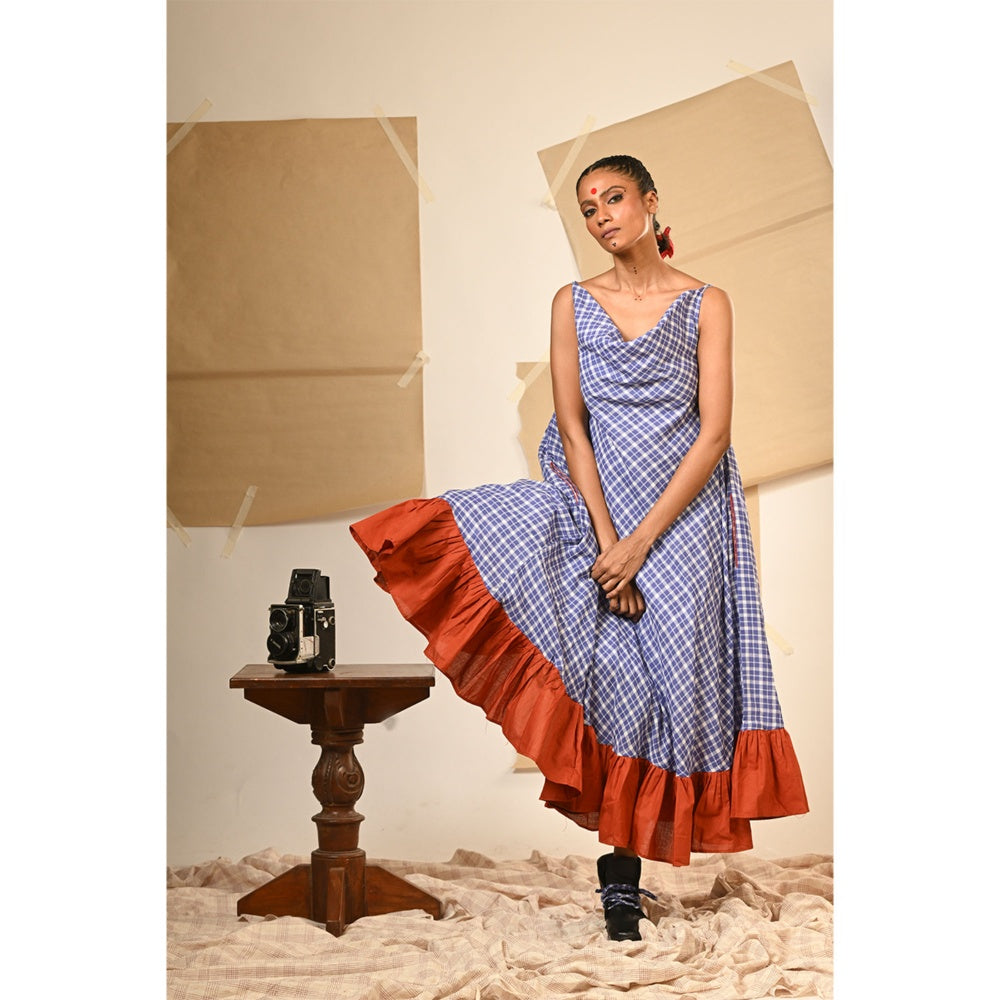 PRATHAA Blue Spaghetti Cowl Dress