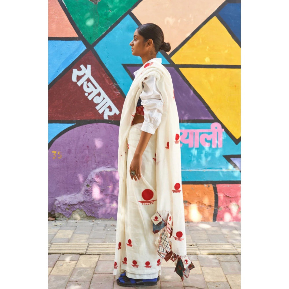 PRATHAA Ivory Bindi Saree with Unstitched Blouse - Linen