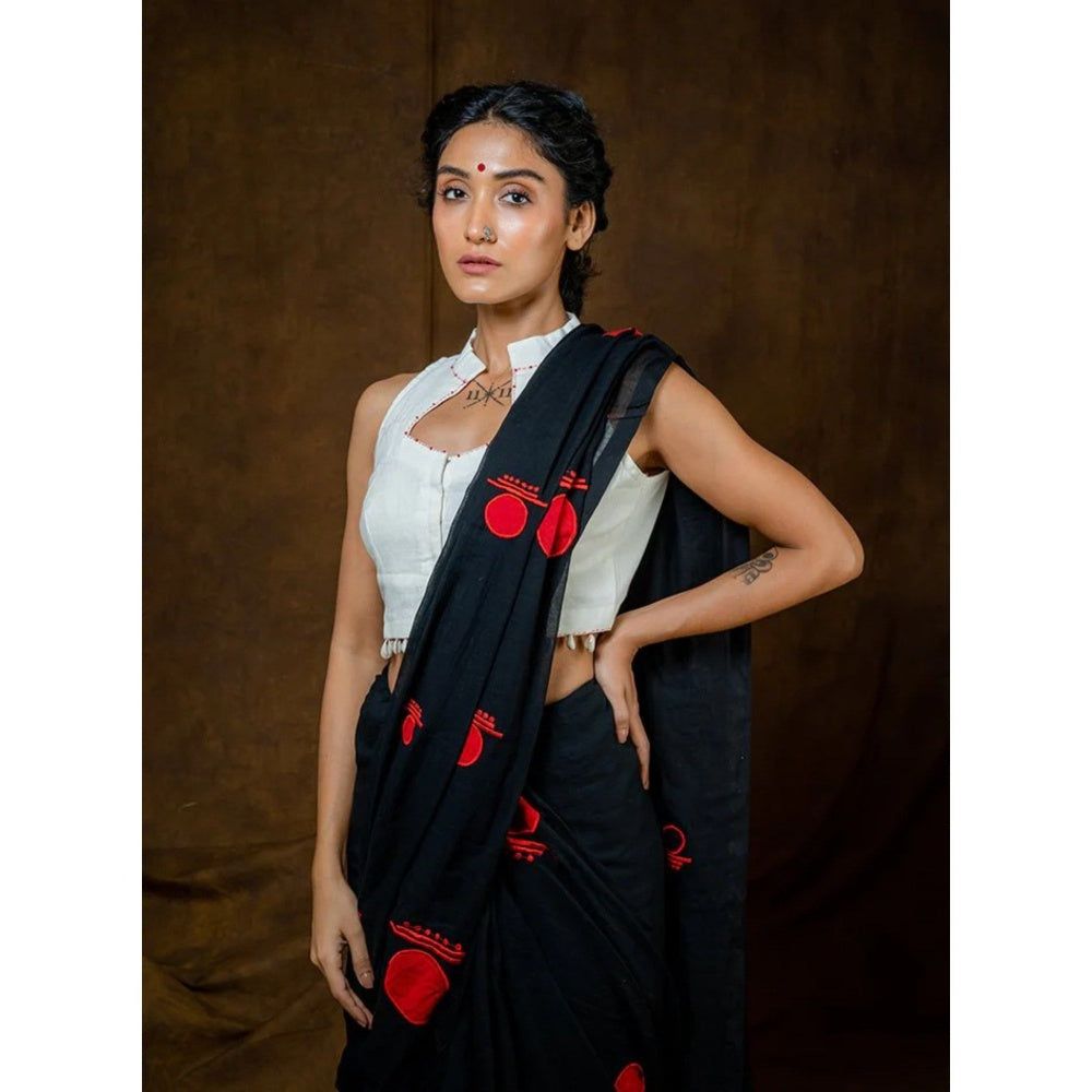 PRATHAA Black Bindi Saree with Unstitched Blouse - Linen