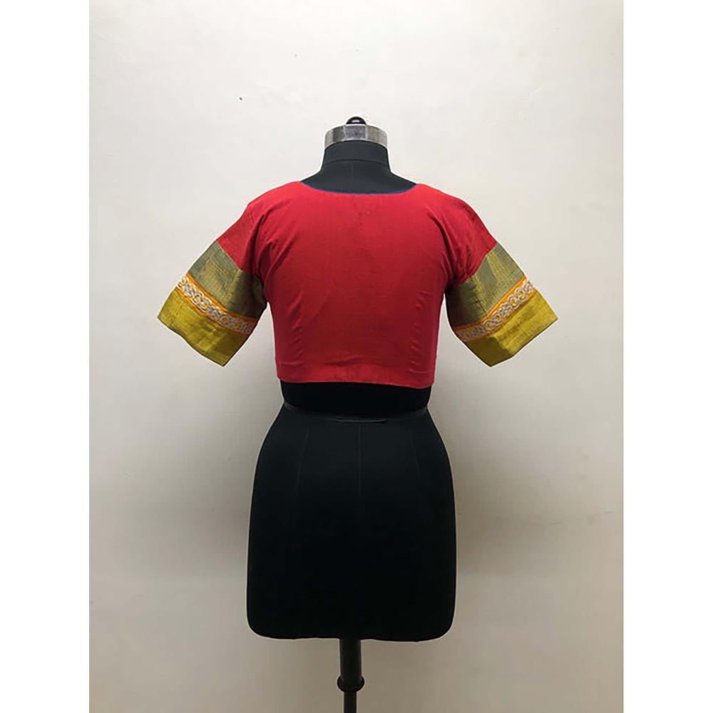 PRATHAA Red Stitched Blouse With Sleeve Border Handloom Cotton Stitched Blouse