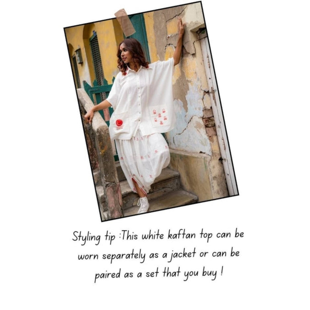 PRATHAA Women White Cotton Solid Kaftan Shirt with Dhoti