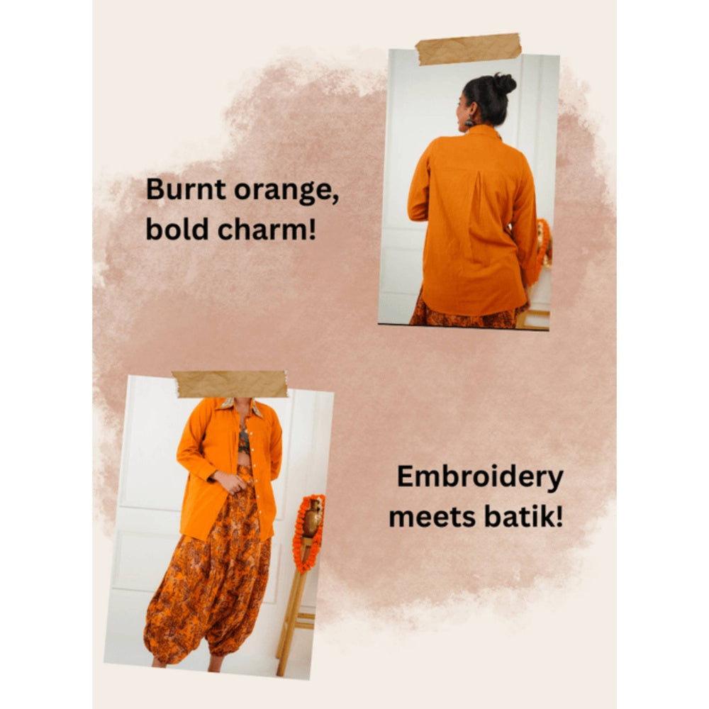 PRATHAA Women Orange Cotton Printed Shirt with Harem Pants