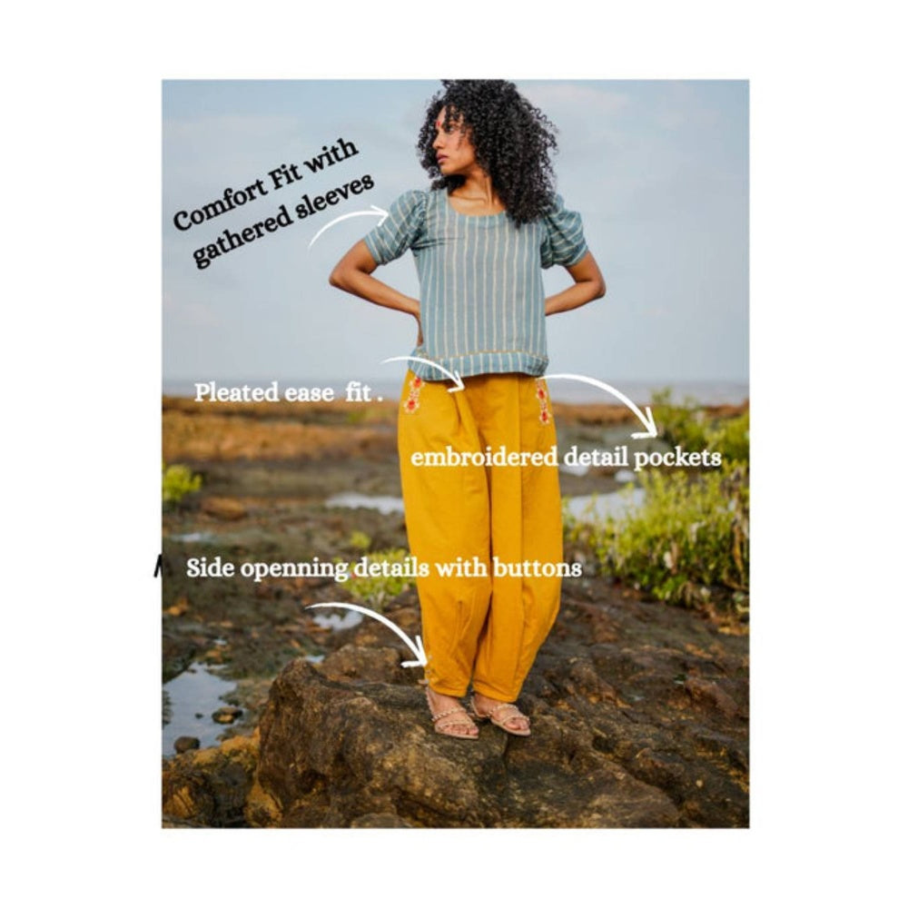 PRATHAA Udaan Co-Ord Set | Handloom Cotton Striped Top And Yellow Pants Set