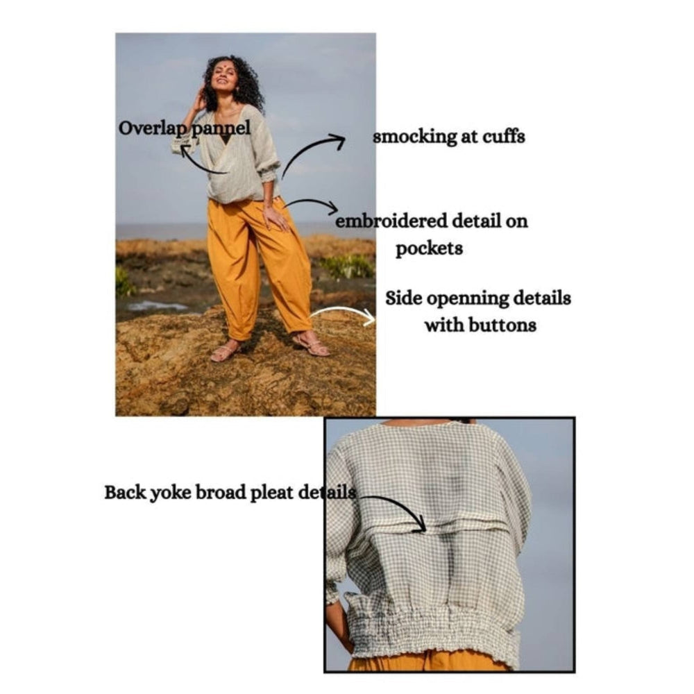 PRATHAA Manzar Co-Ord Set | Handloom Cotton Check Top And Yellow Pants Set