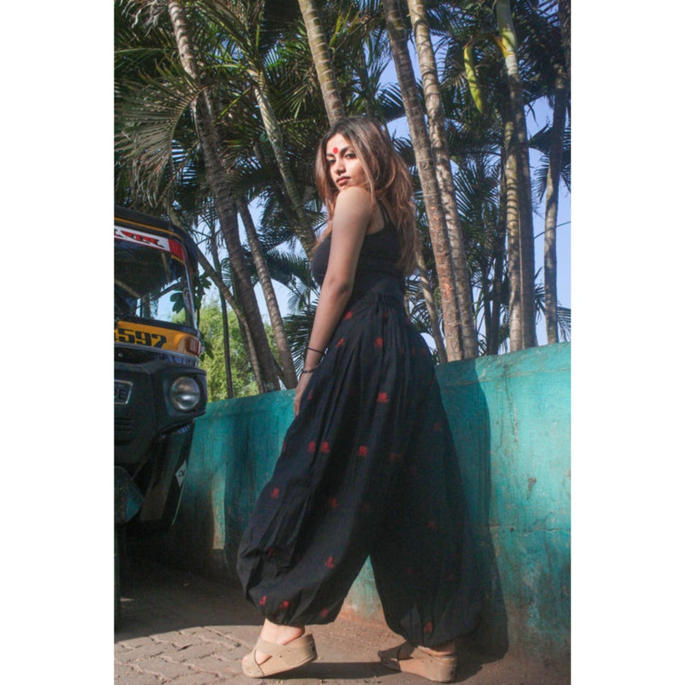 PRATHAA Black Flared Harem Pant in Jamdani Fabric