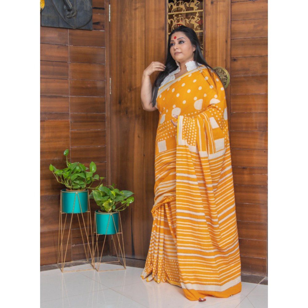 PRATHAA Agnika Hand Block Print Handloom Cotton Saree with Unstitched Blouse