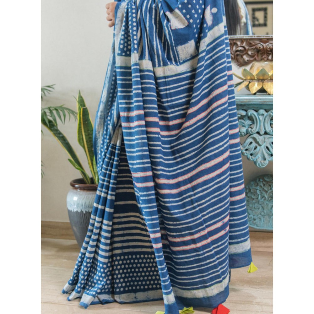 PRATHAA Neelanjali Hand Block Print Handloom Cotton Saree Without Blouse
