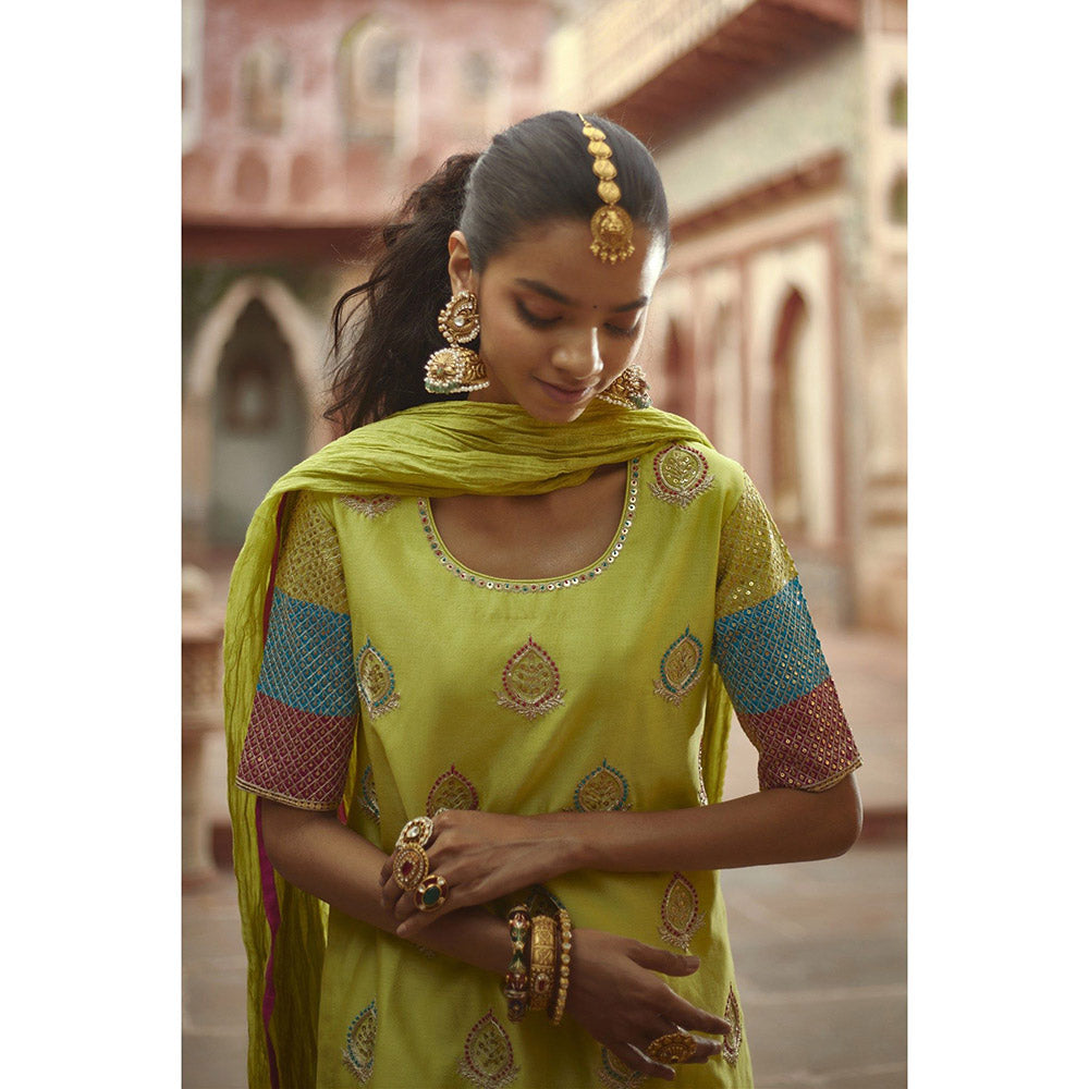 PRATIBHA SULTANIA Three Color Jaali Sleeve Kurta with Wrinkled Sharara & Dupatta (Set of 3)