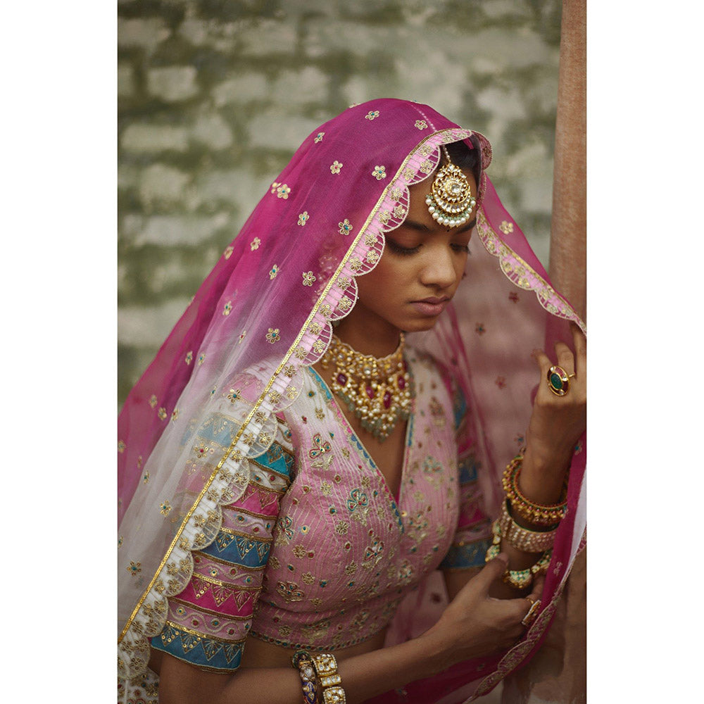 PRATIBHA SULTANIA Pink Lehenga with Striped Sleeves Choli & Dupatta (Set of 3)