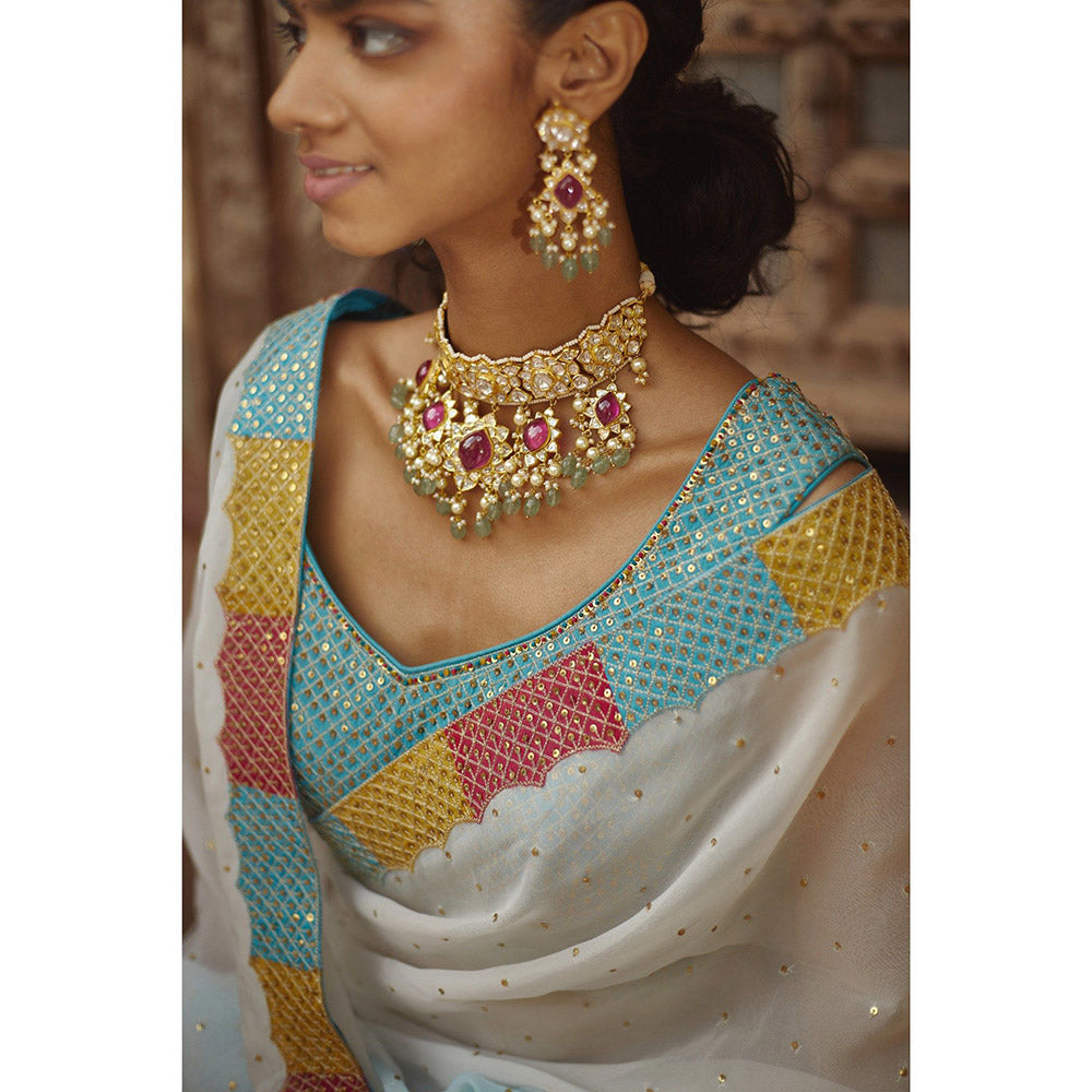 PRATIBHA SULTANIA White Jaali Border Saree with Stitched Blouse