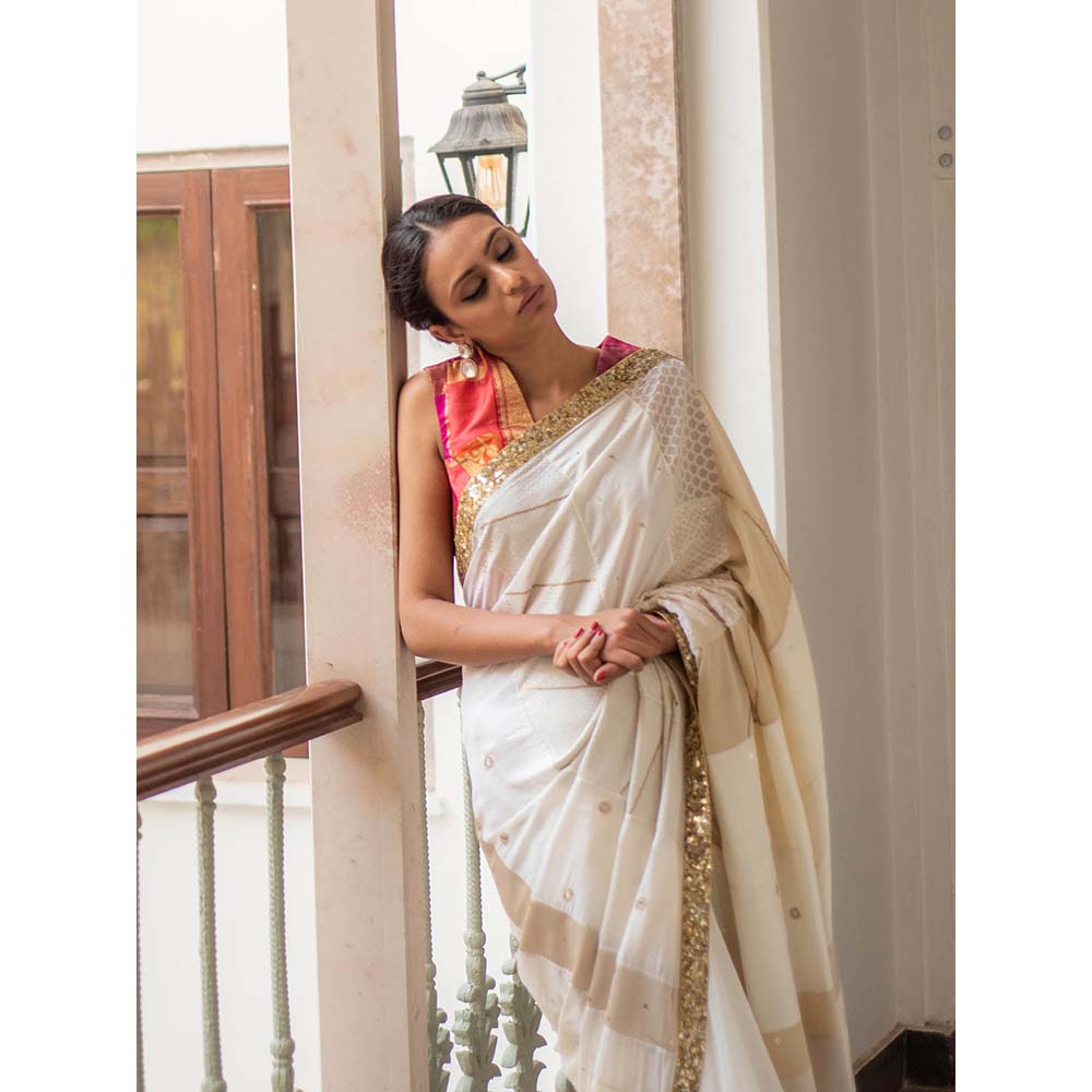 PRIYANKA RAAJIV Paarsa - Ivory Upcyled Jod Saree with Unstitched Blouse