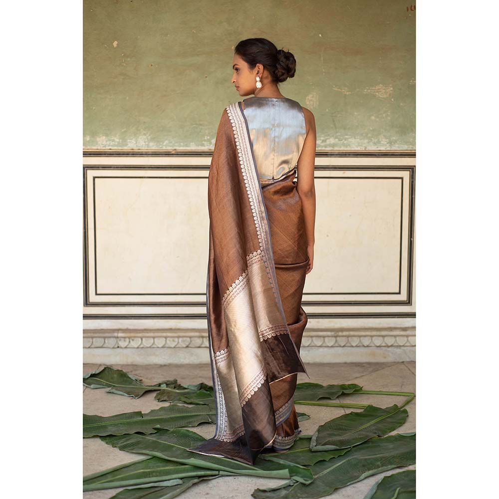 PRIYANKA RAAJIV Chan - Grey and Copper Silk Banarasi Saree with Unstitched Blouse