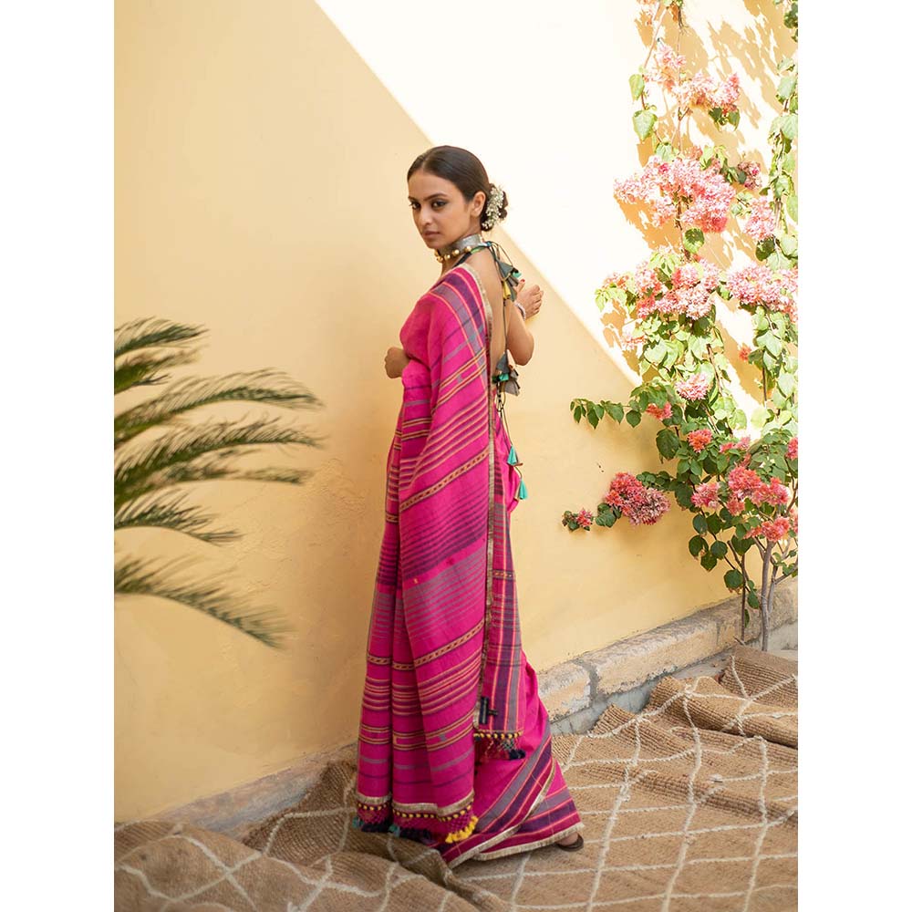 PRIYANKA RAAJIV Kiah - Fuscia Pink Organic Cotton Saree with Unstitched Blouse