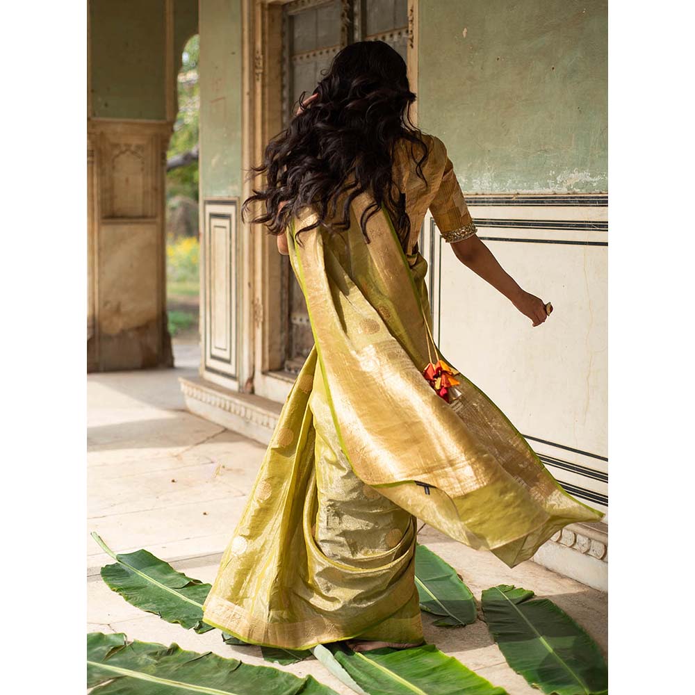 PRIYANKA RAAJIV Rena Green - Olive Green Silk Banarasi Saree with Unstitched Blouse