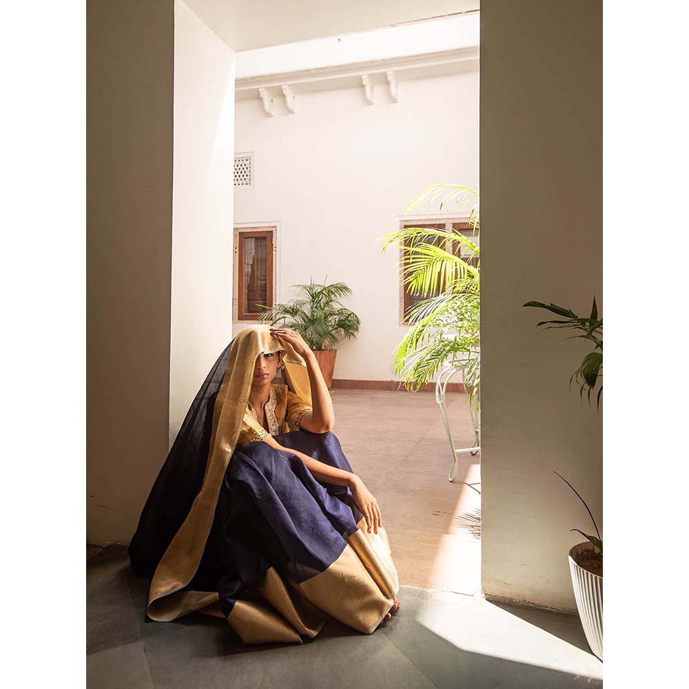 PRIYANKA RAAJIV Lopa Navy Blue - Blue and Gold Silk Chanderi Saree with Unstitched Blouse