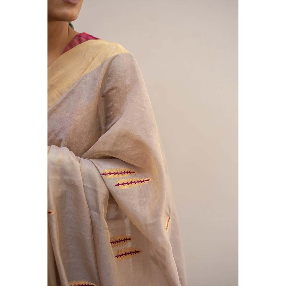 PRIYANKA RAAJIV Kuu - Silver and Gold Silk Chanderi Saree with Unstitched Blouse