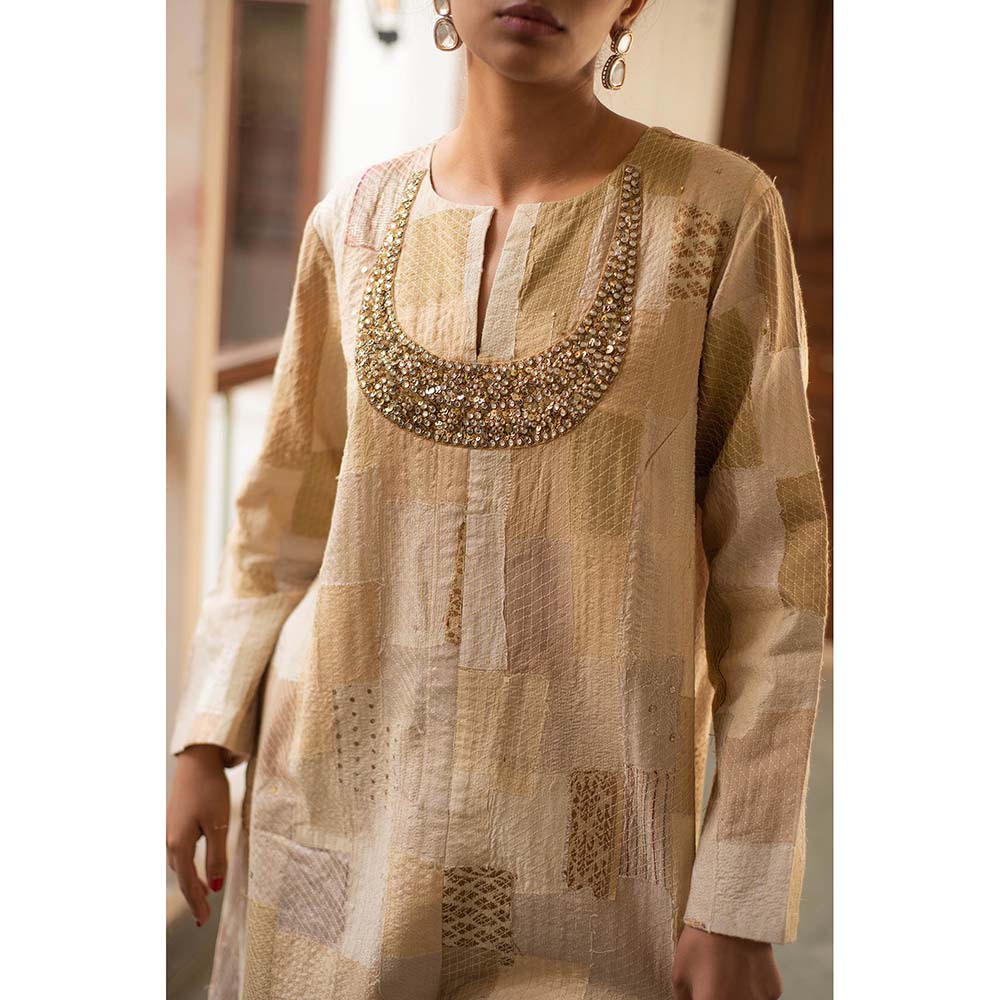 PRIYANKA RAAJIV Renata + Rafa - Beige Upcycled Patchwork Kurta with Silk Pants (Set of 2)