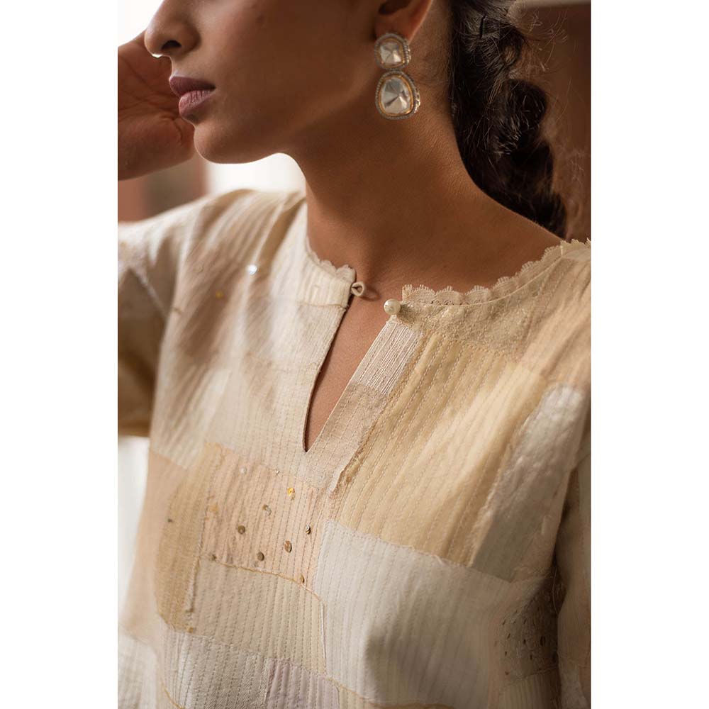 PRIYANKA RAAJIV Nova + Rafa - Ivory Upcycled Patchwork Kurta with Silk Pants (Set of 2)