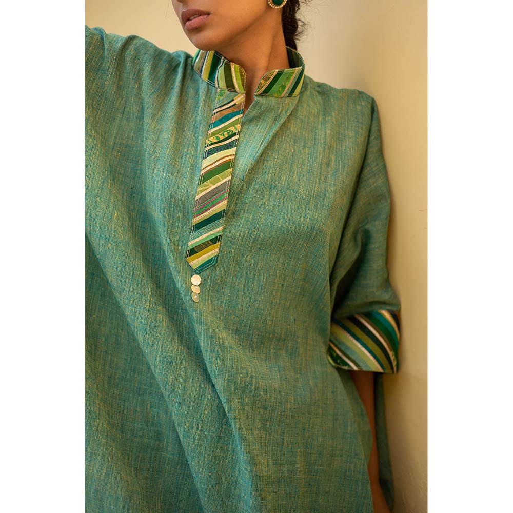 PRIYANKA RAAJIV Sadeh - Green Cotton Kaftan Style Co -Ord with Patchwork Detailing (Set of 2)