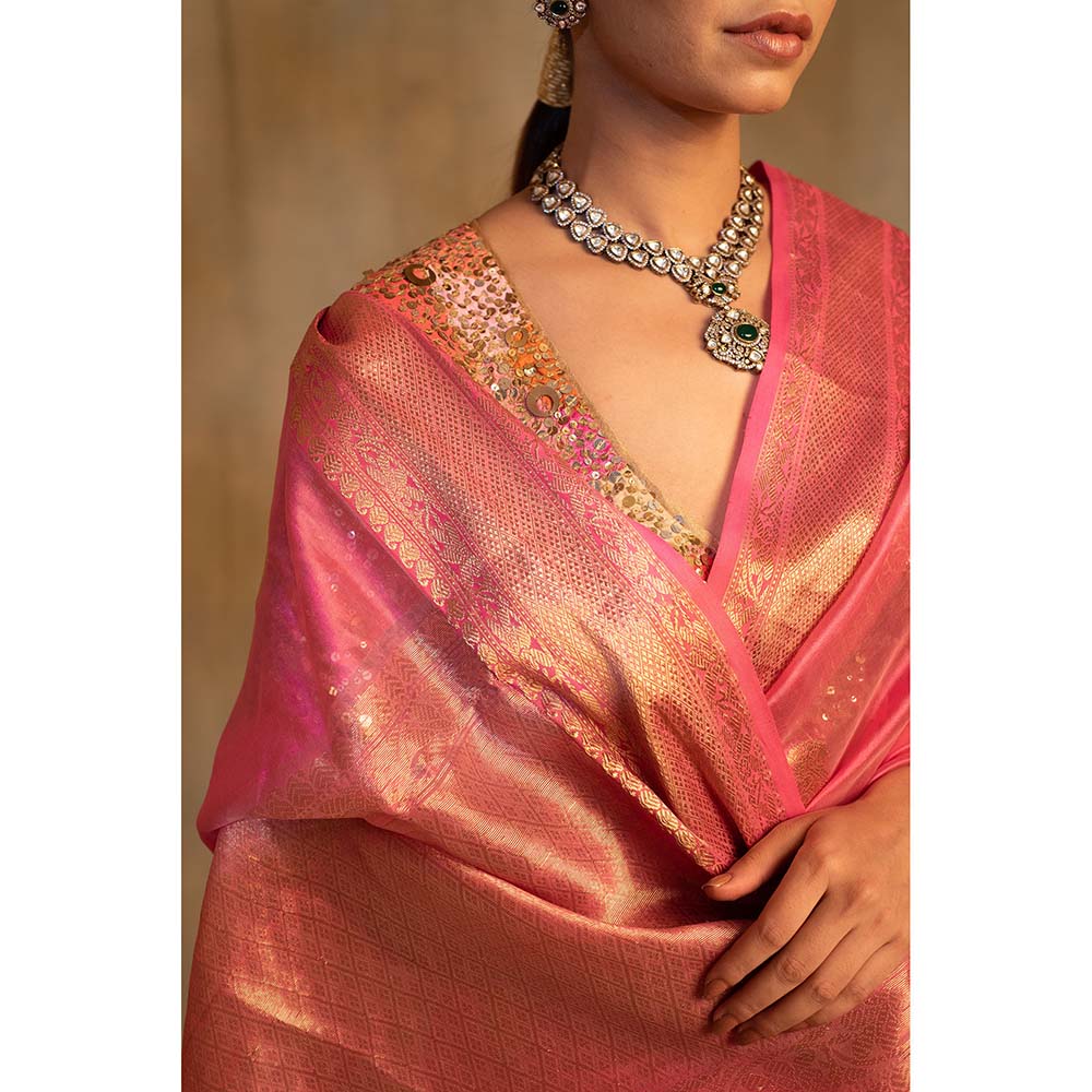 PRIYANKA RAAJIV Deepa Pink Silk Chanderi Saree with Unstitched Blouse