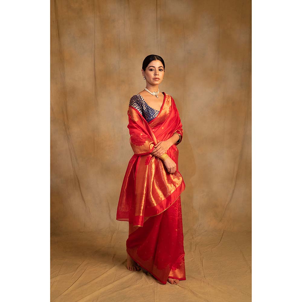 PRIYANKA RAAJIV Sora Vermillion Red Silk Chanderi Saree with Unstitched Blouse